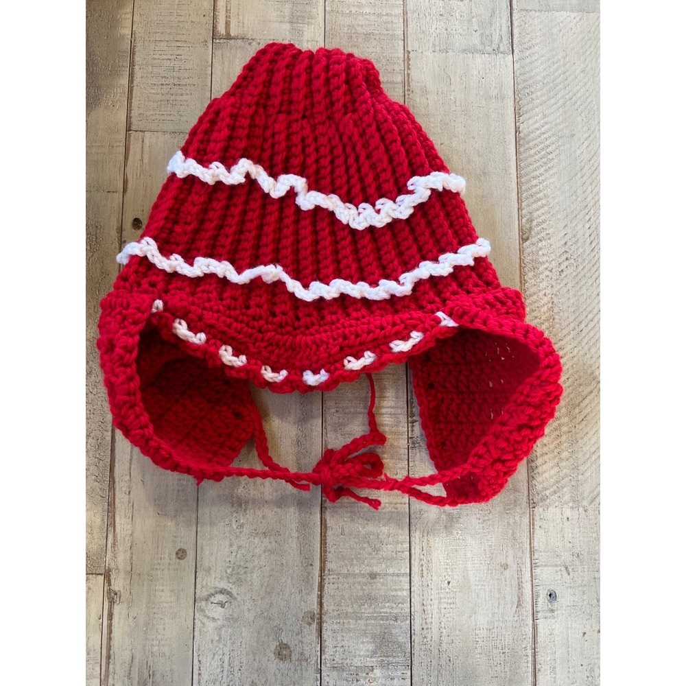 Handmade Red White Crochet Trapper Hat Earflap Beanie‎ Chunky Knit Winter Cap